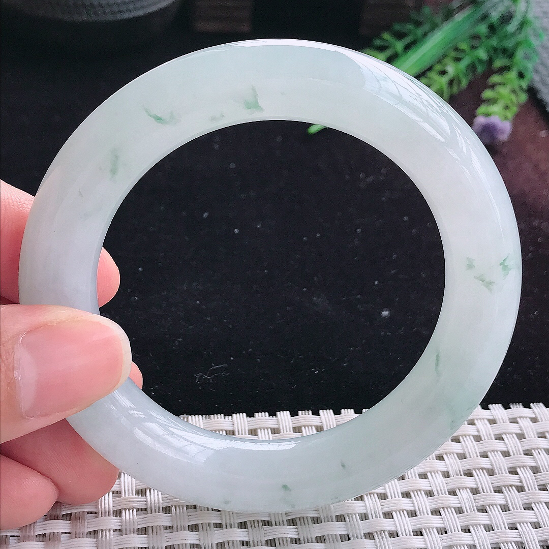 实拍A货翡翠55/11.8/12.1老坑冰润起胶飘花胖圆条手镯平安镯翡翠玉镯美人镯