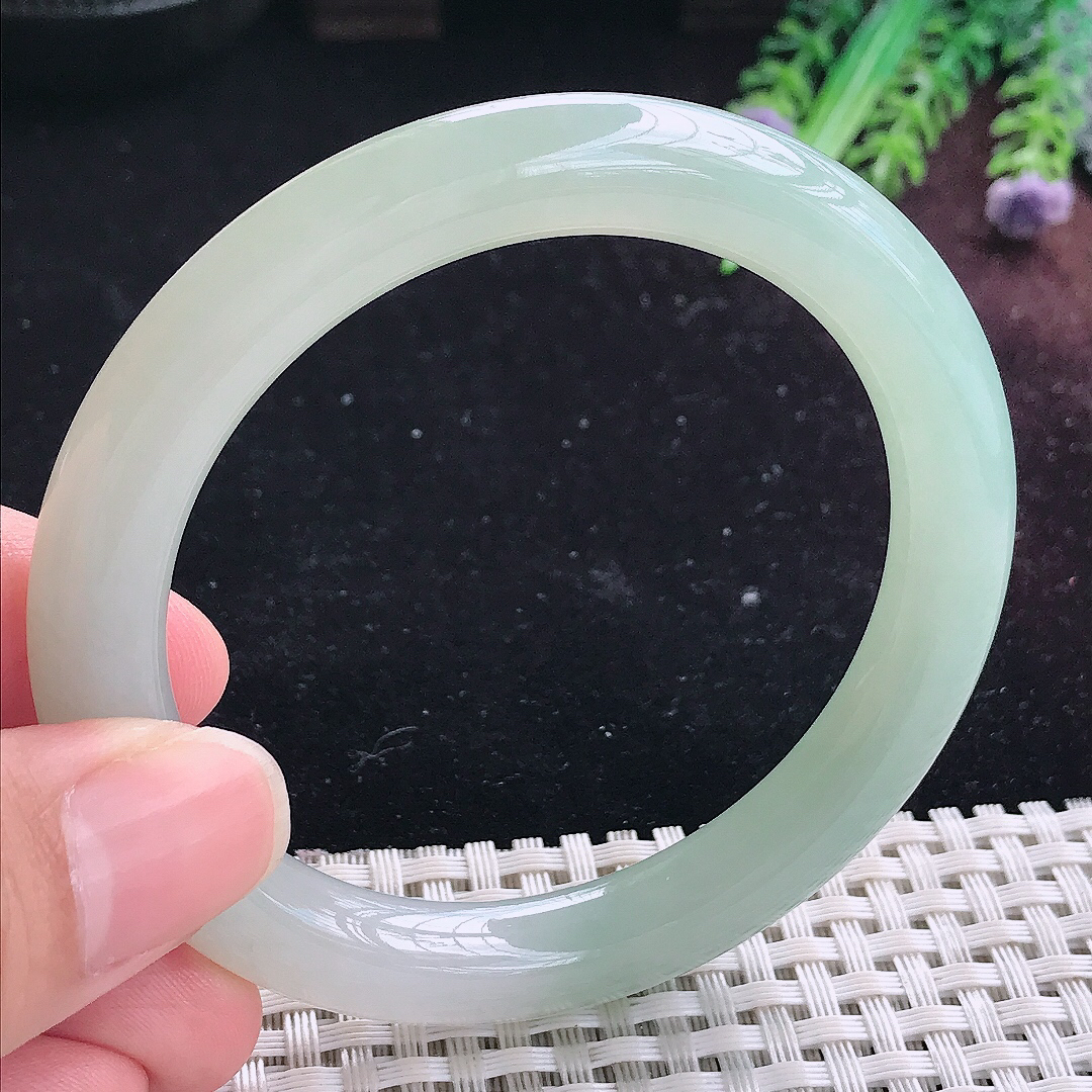 实拍A货翡翠55.5/9/9.5老坑冰胶冰晴圆条手镯平安镯翡翠玉镯美人镯
