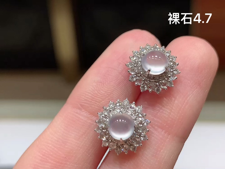 18K 冰种蛋面耳钉 无裂 尺寸，4.7