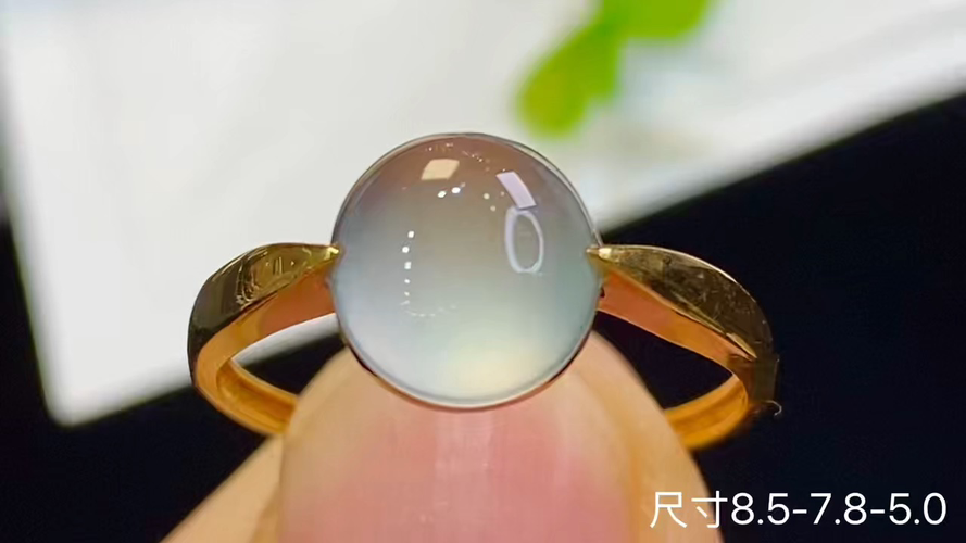 18k金+钻玻璃种蛋面戒指，无暇，8.5-7.8-5.0