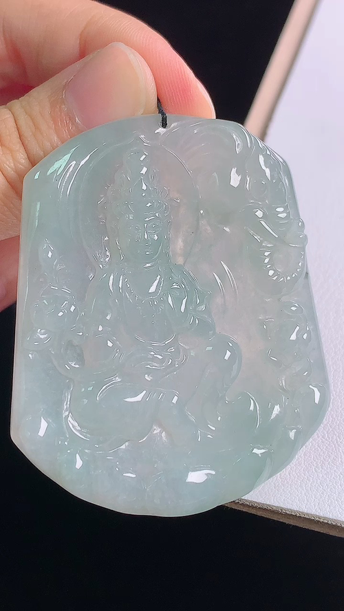 冰种普贤菩萨，一刀切，无裂，尺寸:55.6-46.1-5.8mm 28