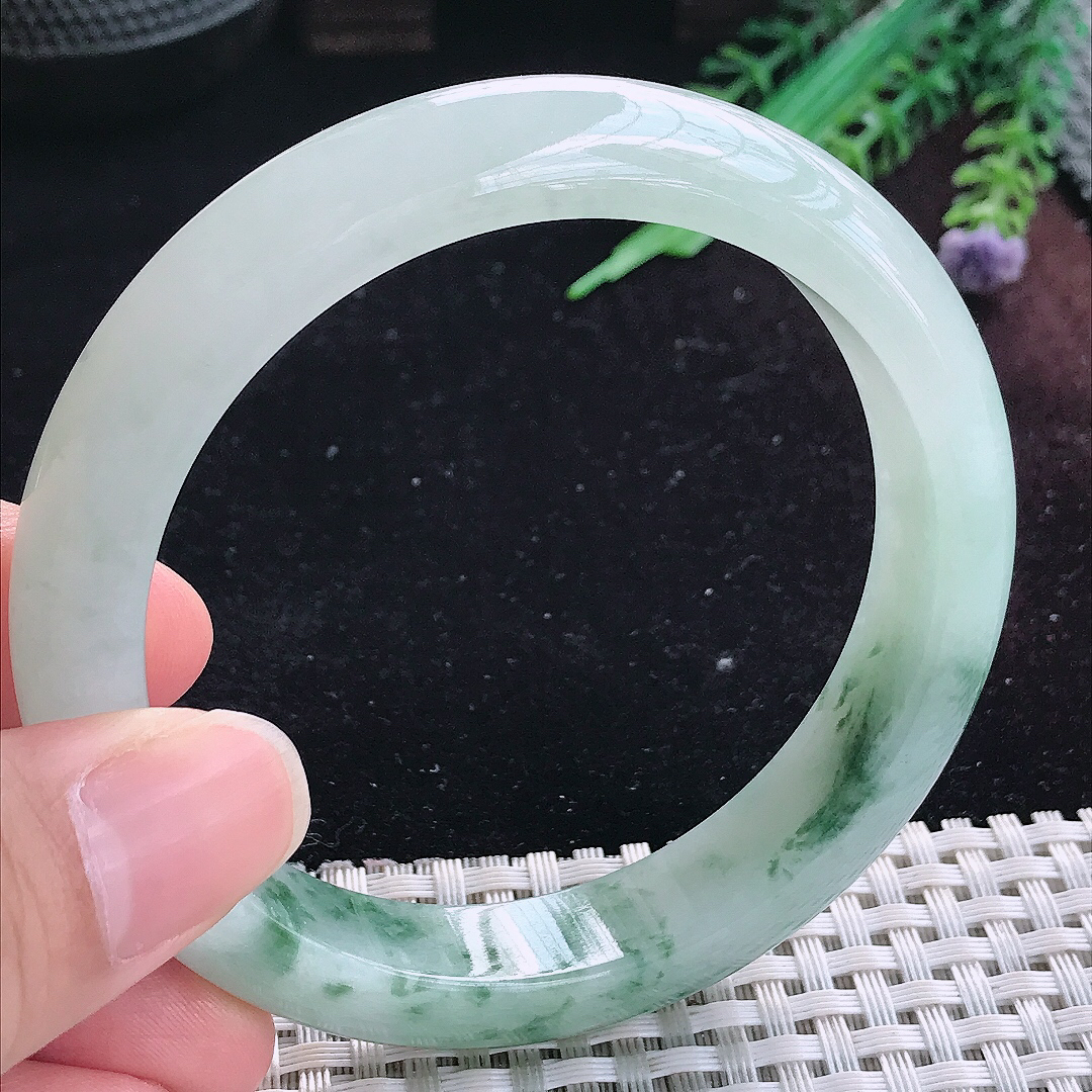 实拍A货翡翠59.5/12.6/8.6老坑冰润起胶飘花手镯平安镯平安镯