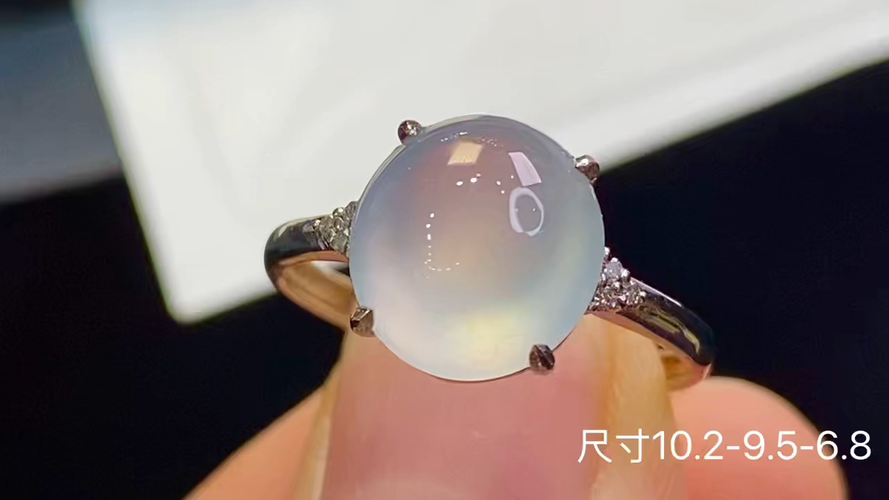 18k金+钻玻璃种蛋面戒指，无裂，10.2-9.5-6.8