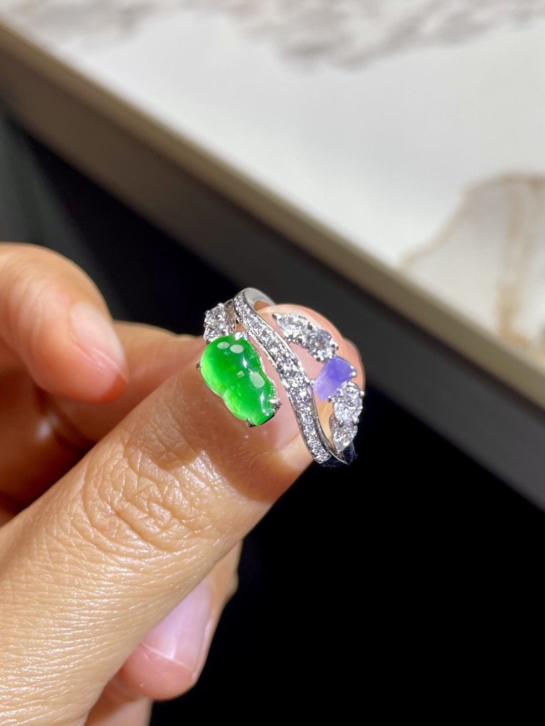 新品 | 玻璃种紫+绿葫芦戒指 裸石：5.5*9*3.5mm 整体：11.5*19*5mm
