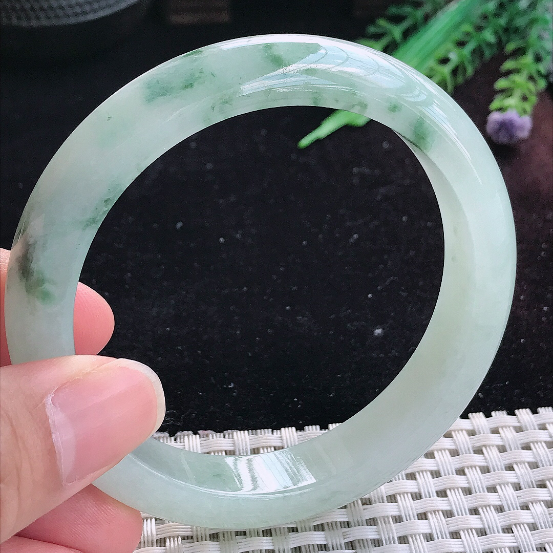 实拍A货翡翠59.5/12.6/8.6老坑冰润起胶飘花手镯平安镯平安镯