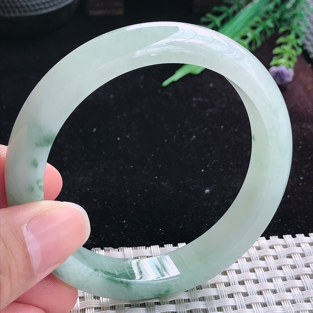 实拍A货翡翠59.5/12.6/8.6老坑冰润起胶飘花手镯平安镯平安镯