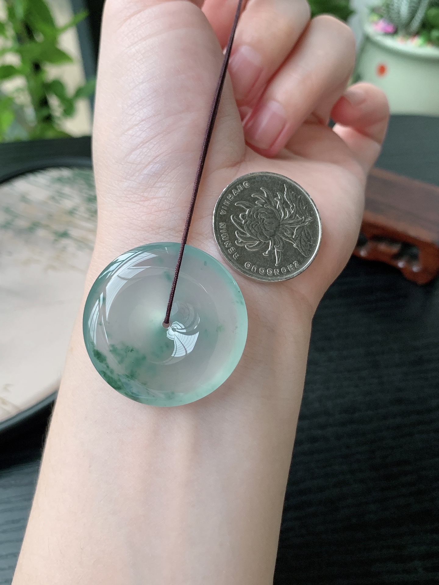 老坑冰种胶感起刚性飘花平安扣吊坠 裸石尺寸:33.8-6.8mm