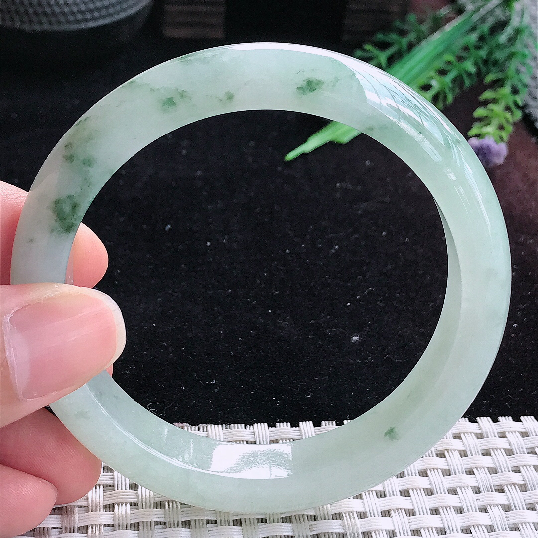 实拍A货翡翠59.5/12.6/8.6老坑冰润起胶飘花手镯平安镯平安镯