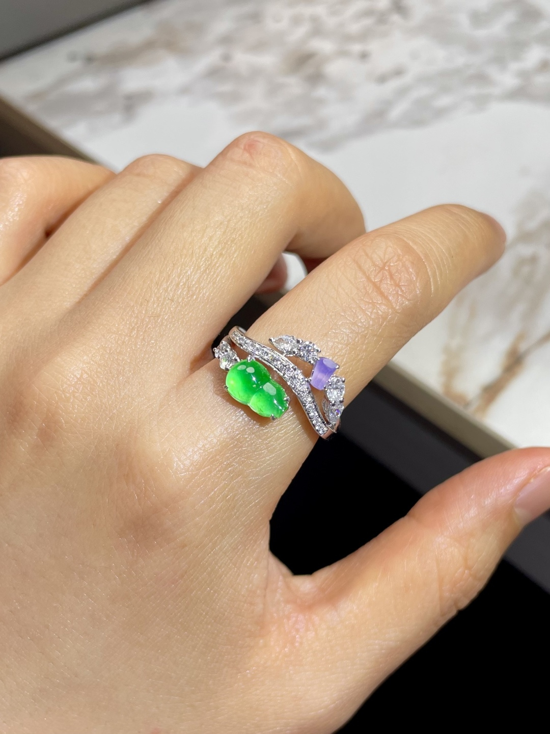 新品 | 玻璃种紫+绿葫芦戒指 裸石：5.5*9*3.5mm 整体：11.5*19*5mm