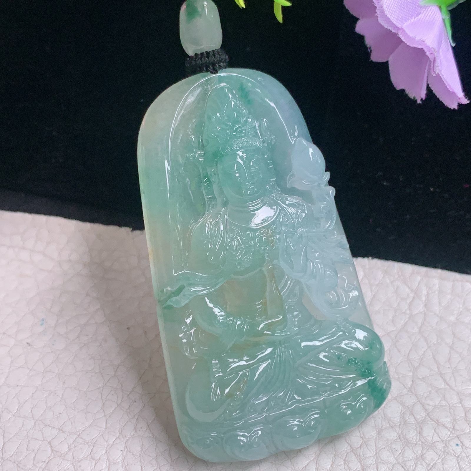 yl实拍69*41*8.5缅甸翡翠精雕冰飘花净瓶观音 大势至菩萨玉吊坠