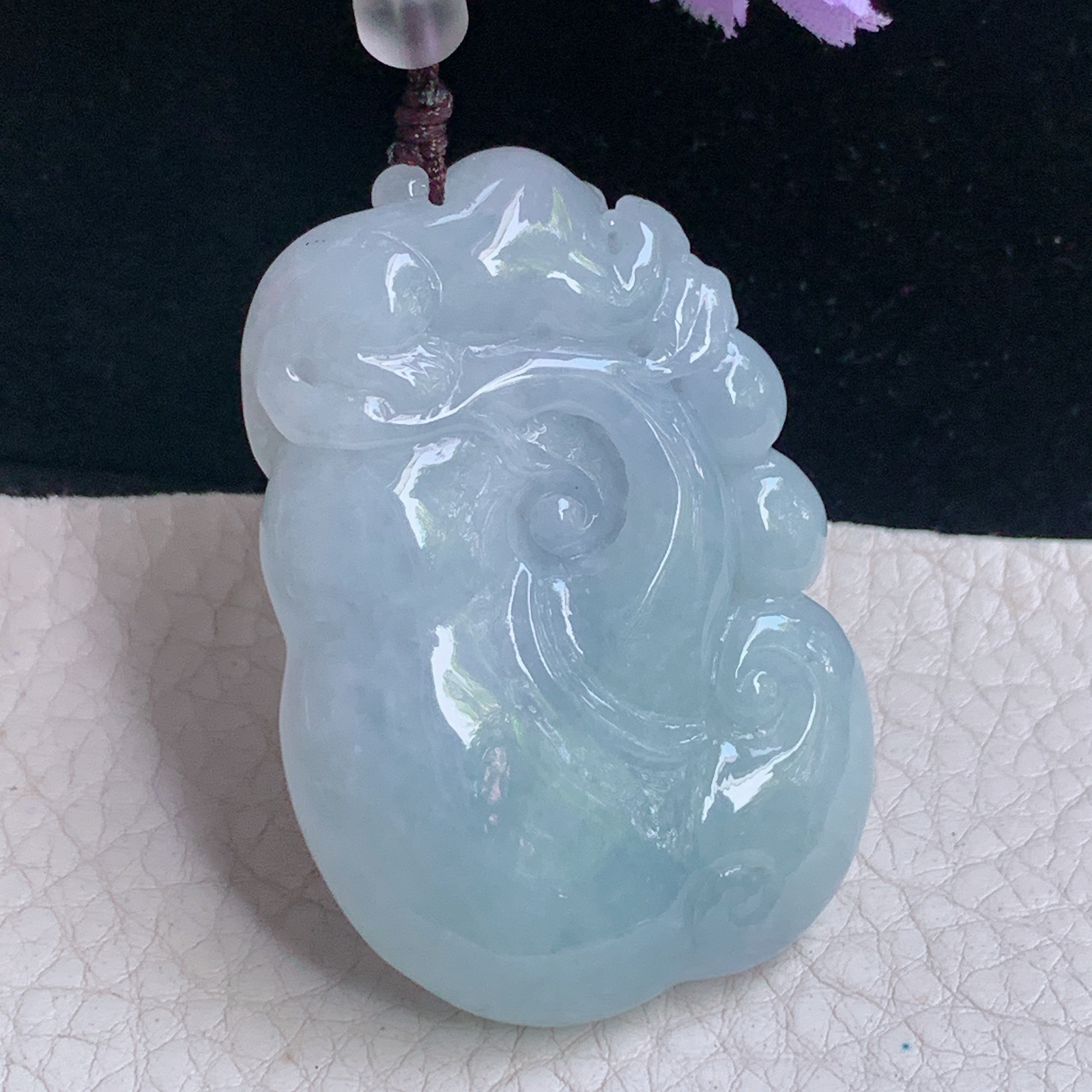 zen实拍50*35.3*11缅甸翡翠a货精雕茄紫祥云如意玉吊坠 玉挂件