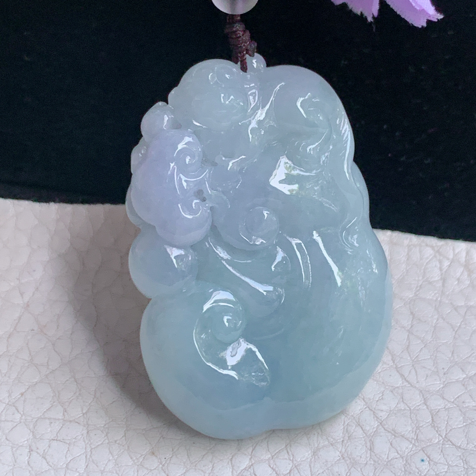 zen实拍50*35.3*11缅甸翡翠a货精雕茄紫祥云如意玉吊坠 玉挂件