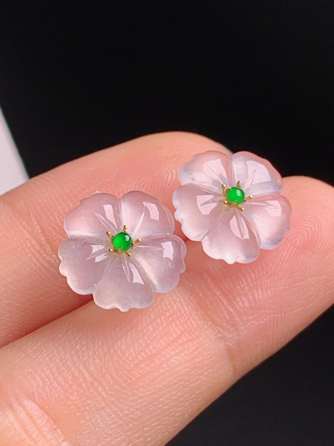 高冰小花耳钉，冰透清透精工雕花，正阳绿点缀温柔仙气 080629