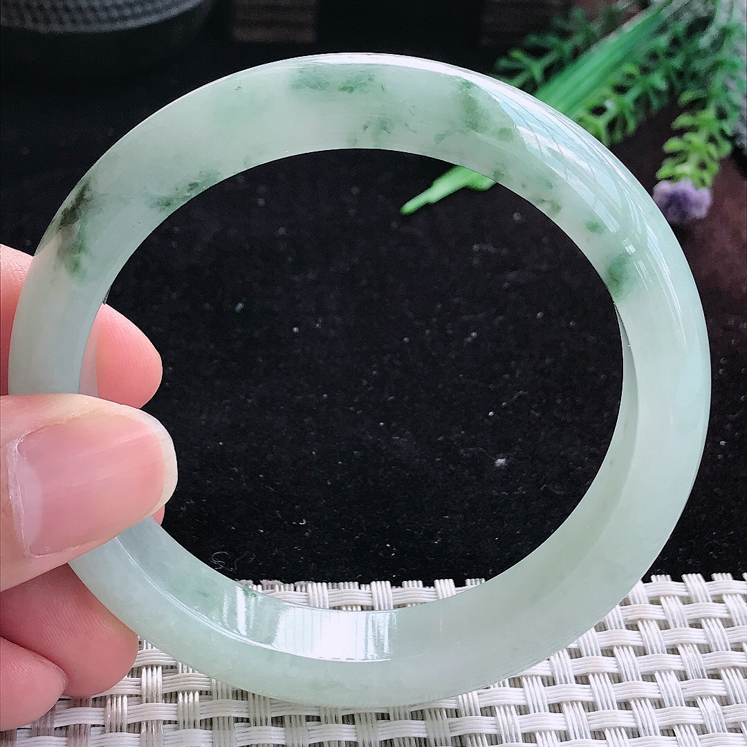 实拍A货翡翠59.5/12.6/8.6老坑冰润起胶飘花手镯平安镯平安镯
