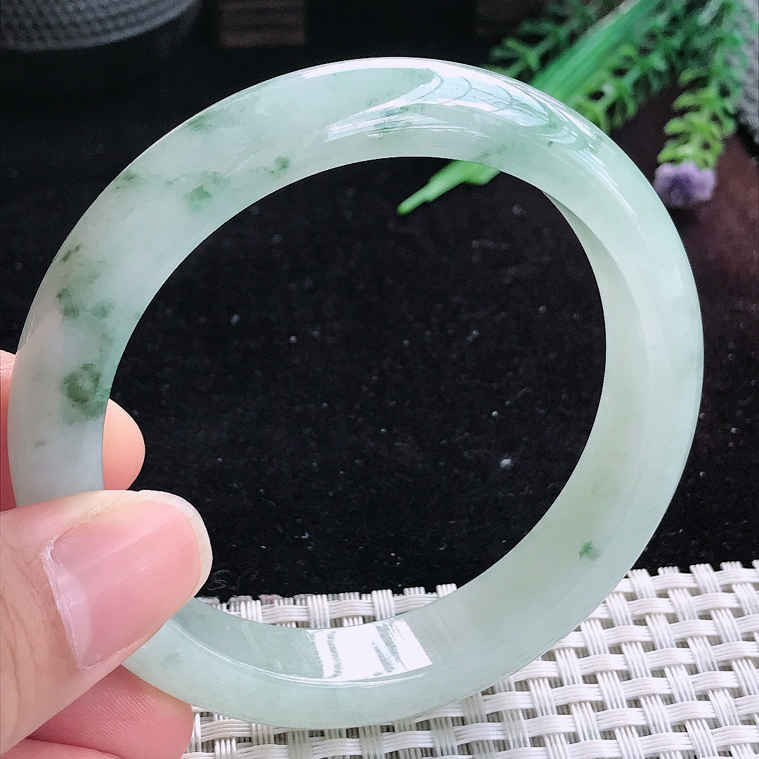 实拍A货翡翠59.5/12.6/8.6老坑冰润起胶飘花手镯平安镯平安镯