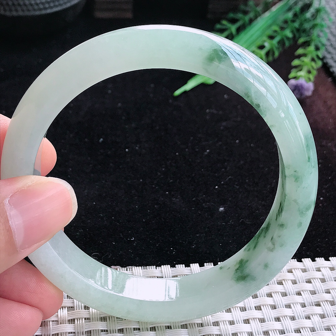 实拍A货翡翠59.5/12.6/8.6老坑冰润起胶飘花手镯平安镯平安镯