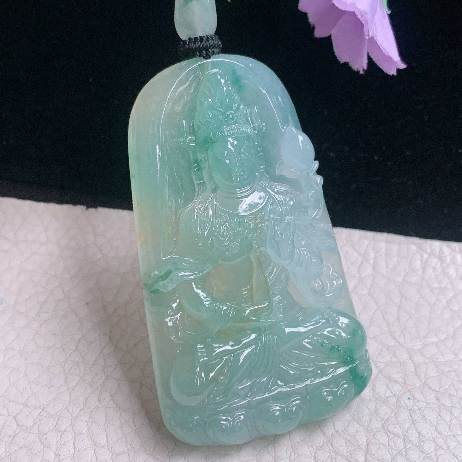 yl实拍69*41*8.5缅甸翡翠精雕冰飘花净瓶观音 大势至菩萨玉吊坠