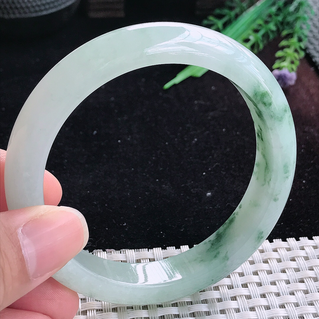 实拍A货翡翠59.5/12.6/8.6老坑冰润起胶飘花手镯平安镯平安镯