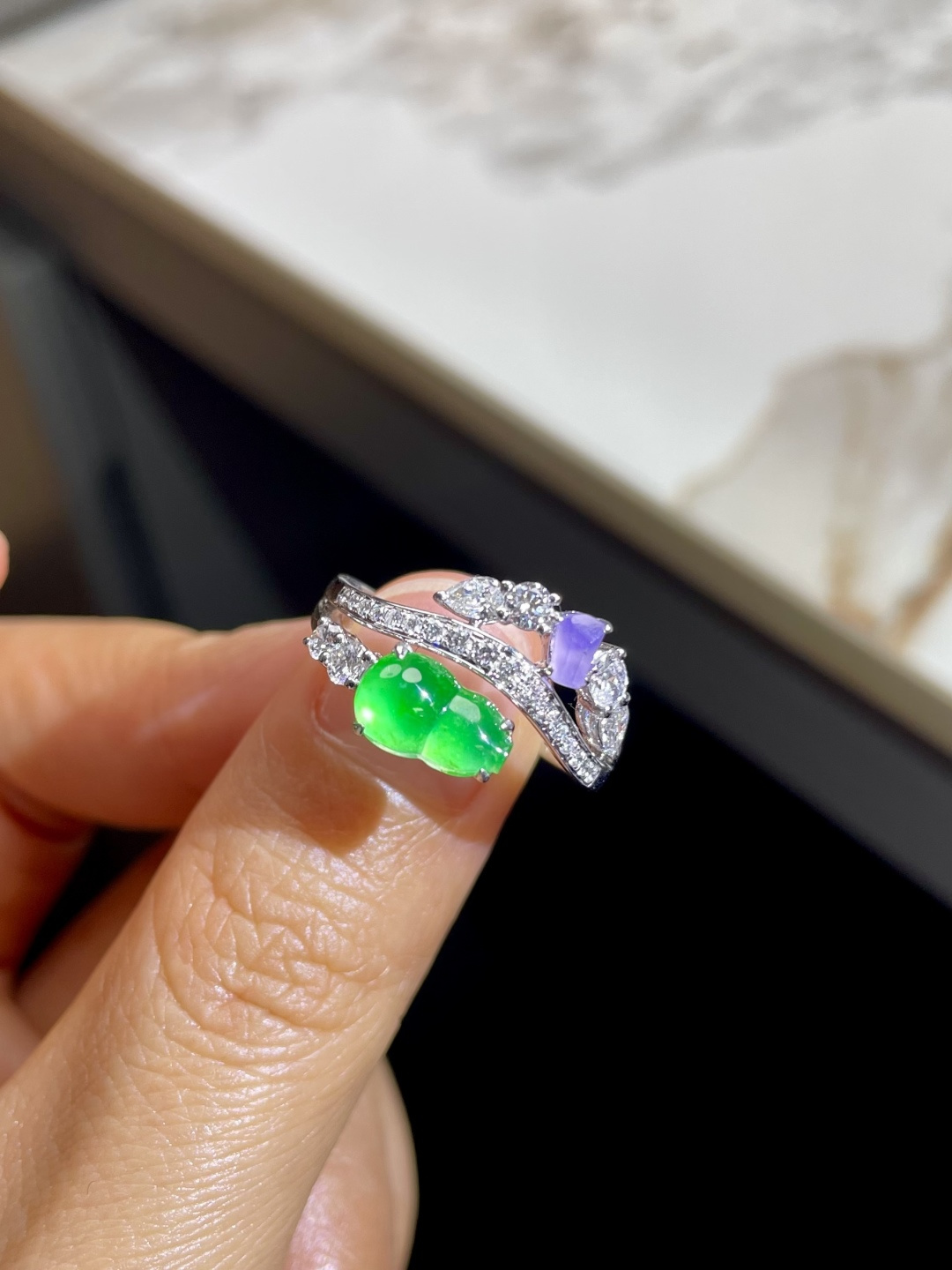 新品 | 玻璃种紫+绿葫芦戒指 裸石：5.5*9*3.5mm 整体：11.5*19*5mm