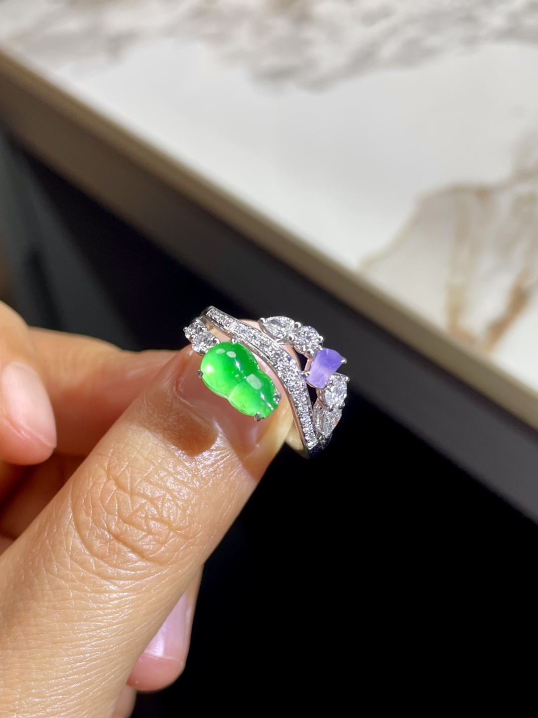新品 | 玻璃种紫+绿葫芦戒指 裸石：5.5*9*3.5mm 整体：11.5*19*5mm