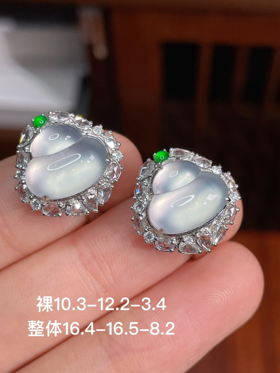 高冰葫芦耳扣 无裂 18k金镶嵌，10.3-12.2-3.4