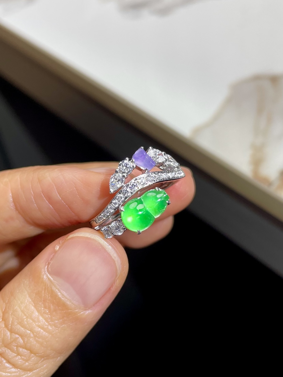 新品 | 玻璃种紫+绿葫芦戒指 裸石：5.5*9*3.5mm 整体：11.5*19*5mm