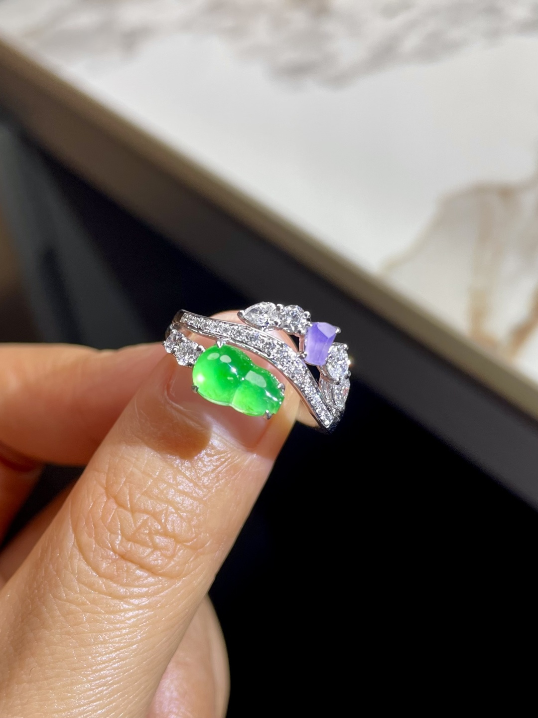 新品 | 玻璃种紫+绿葫芦戒指 裸石：5.5*9*3.5mm 整体：11.5*19*5mm
