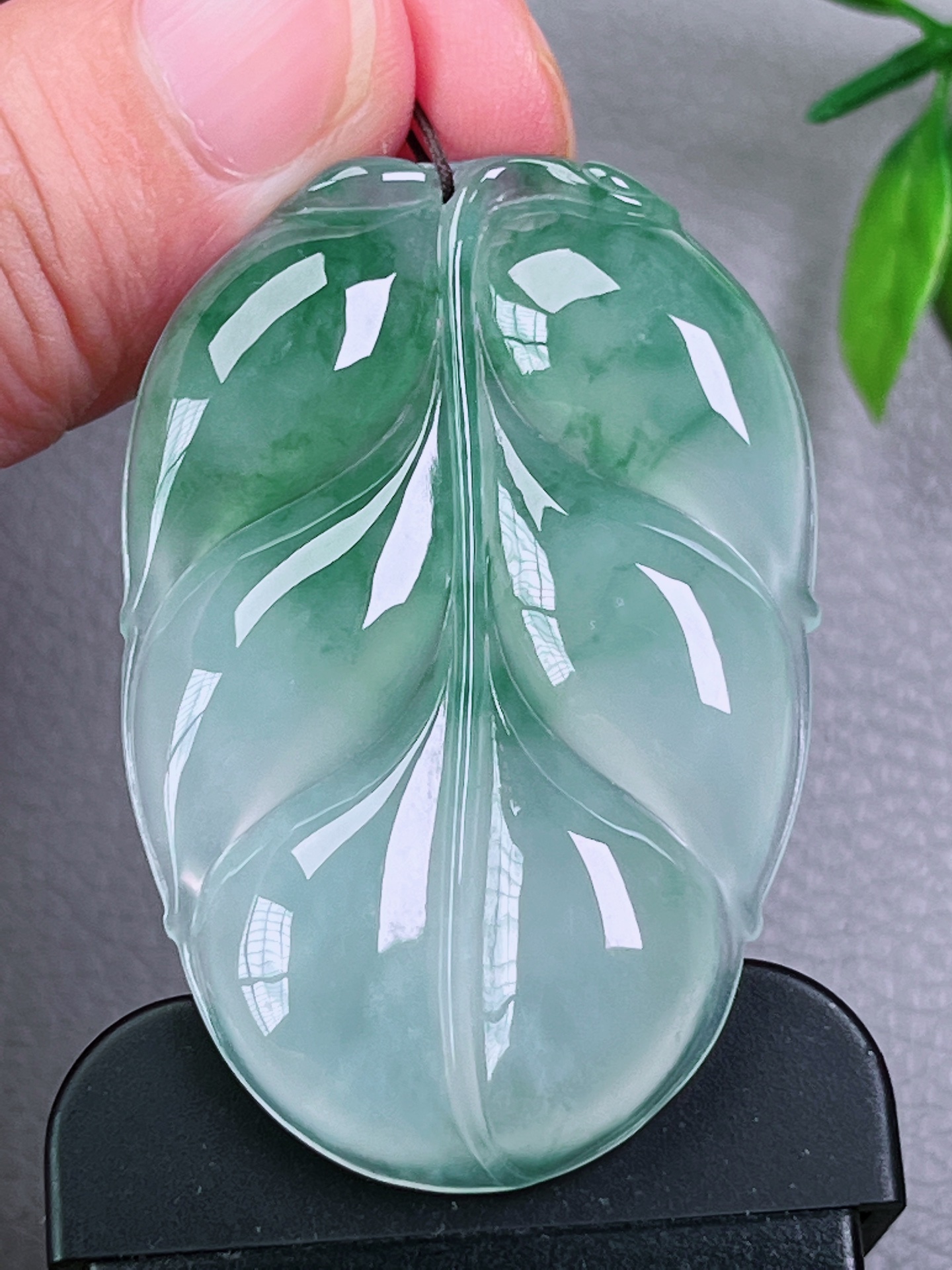 高冰种飘花大叶子，无裂，油洁精致，冰透水润，起荧光，尺寸：52.9-35.6-6.2