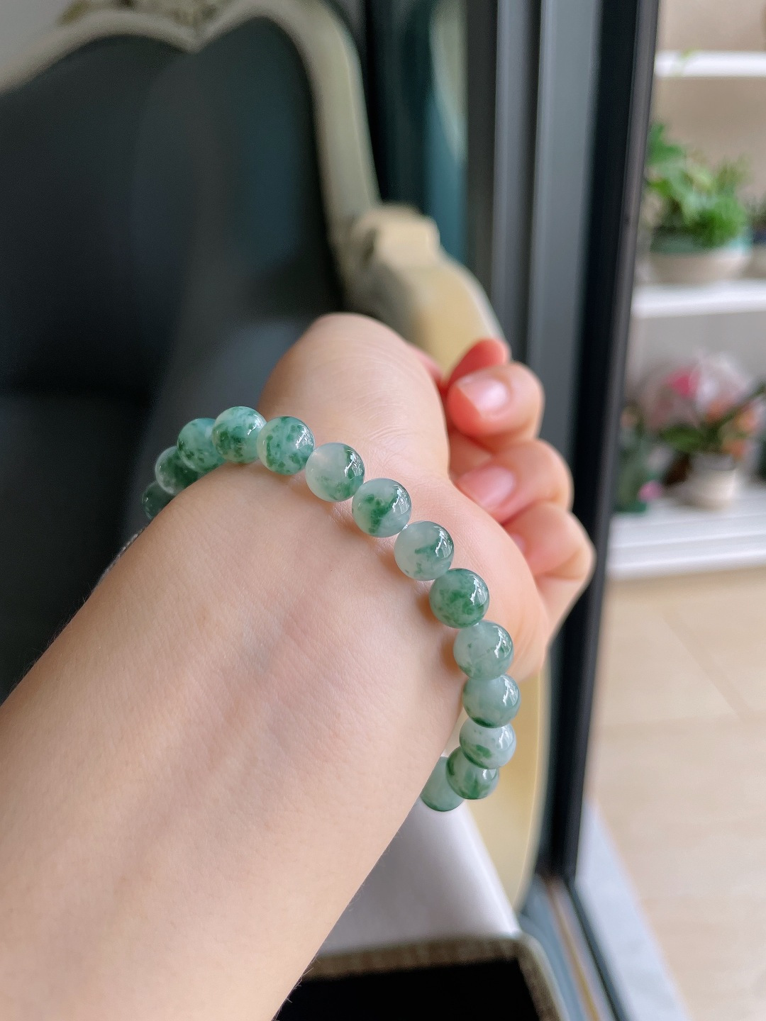 ️，天然翡翠A货，冰飘花手串，尺寸：8mm。【编4353】
