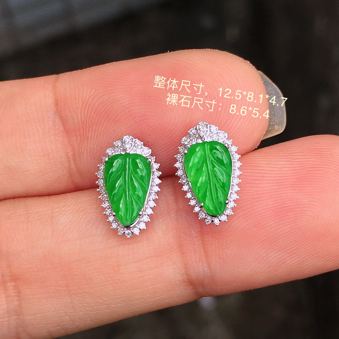 阳绿玉叶耳钉，色泽均匀艳丽，玉质细腻，荧光感超
强，饱满圆润，简单大方，尽显优雅气质，18k
金豪华镶嵌