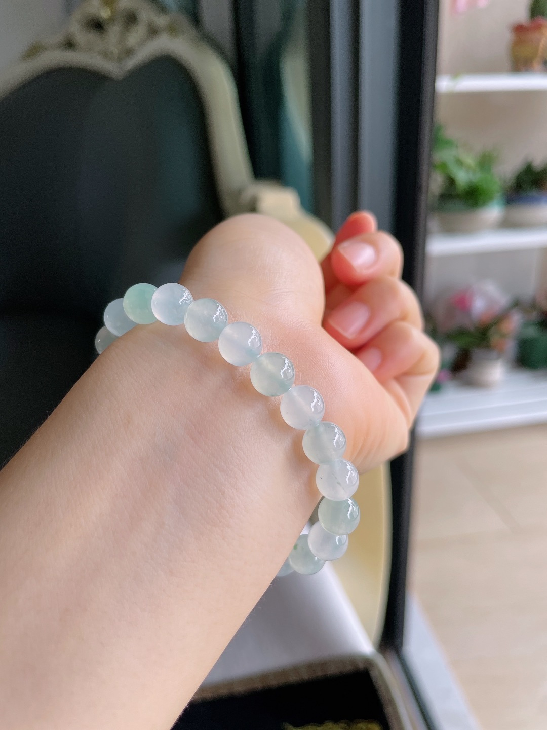 天然翡翠A货，冰双彩手串，尺寸：7.8mm。【编4347】