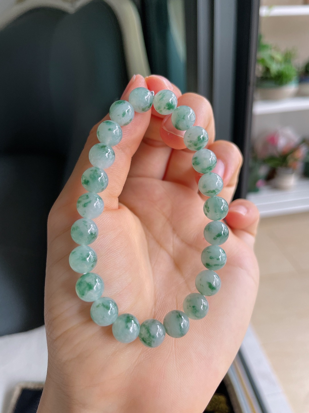 ️，天然翡翠A货，冰飘花手串，尺寸：8mm。【编4352】