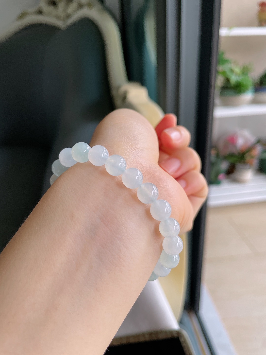 ️，缅甸天然翡翠A货，白冰手串，尺寸：8mm。【编4356】