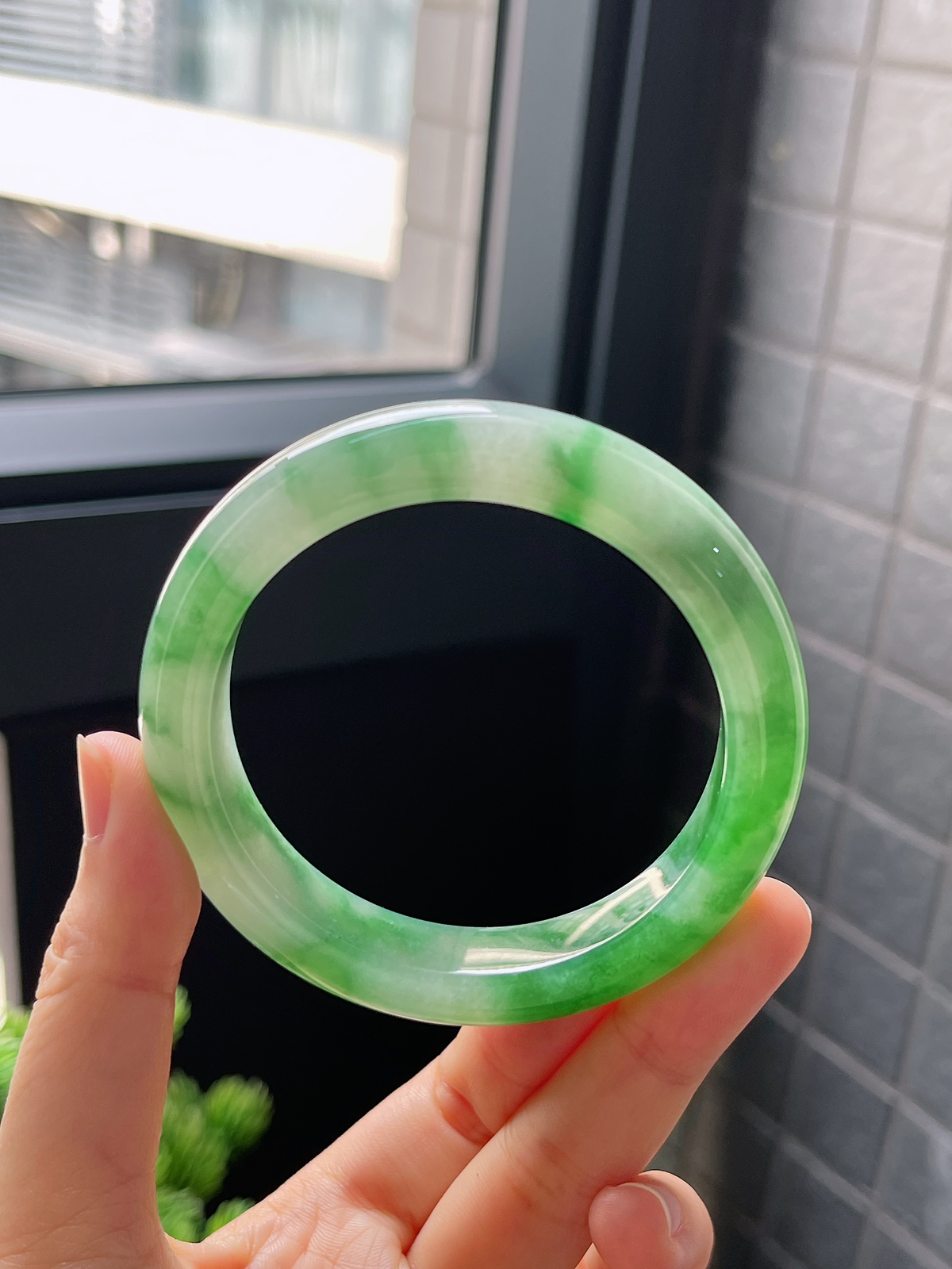 圈口54.7，冰糯种飘花翡翠正圈手镯