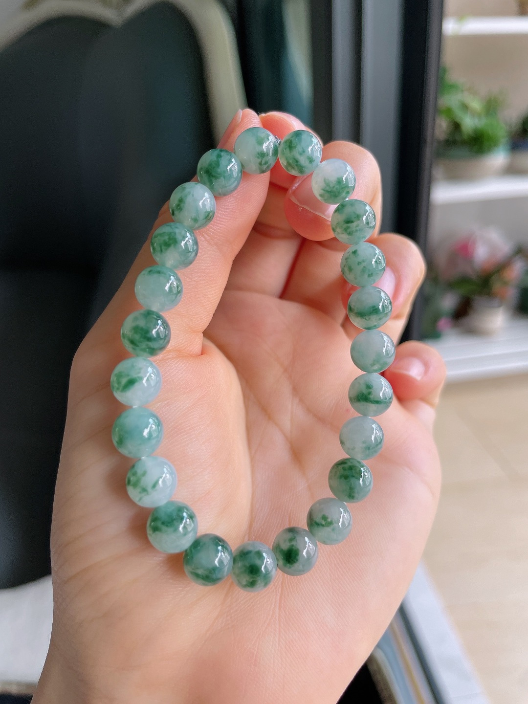 ️，天然翡翠A货，冰飘花手串，尺寸：8mm。【编4353】