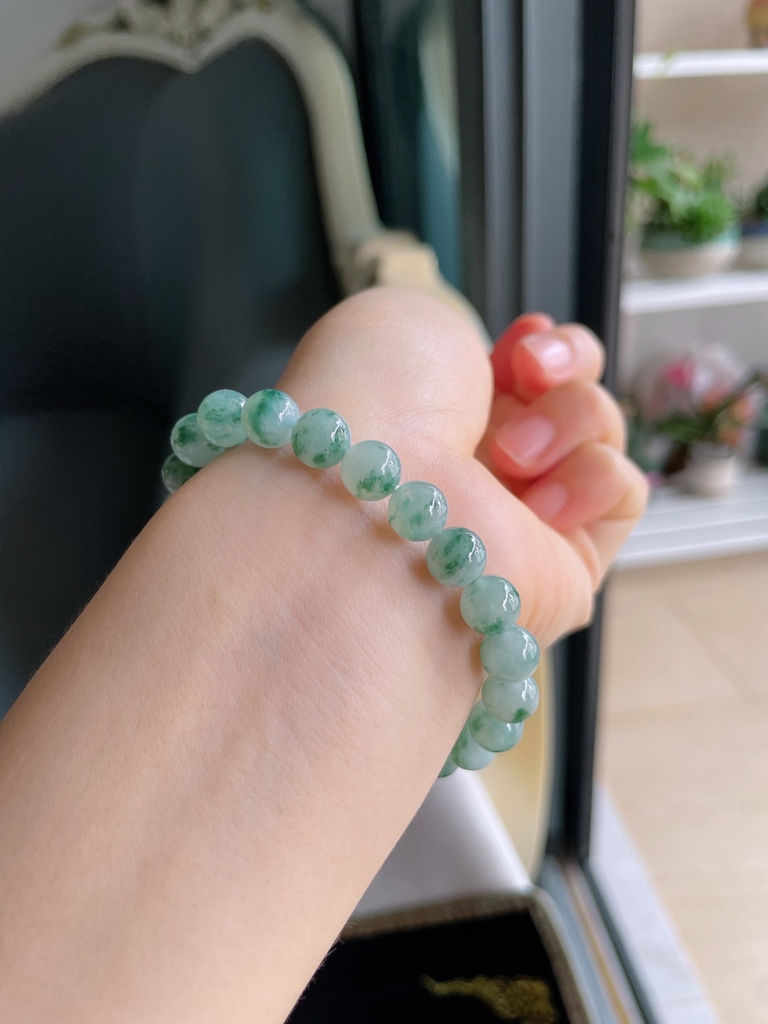 ️，天然翡翠A货，冰飘花手串，尺寸：8mm。【编4352】