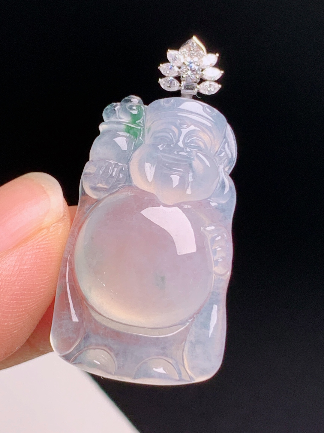 ️ 冰种飘绿财神爷吊坠，玻璃种通透起胶，招财进宝雕工精细 裸石31.7-18.7-7 整体39.6 53