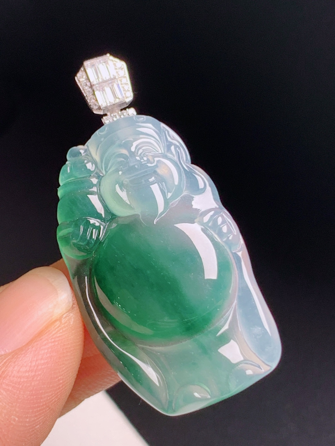 冰飘花财神爷吊坠，种水通透翠色鲜活，招财聚财财源滚滚 裸石34.3-19.9-6 整体43 5306
