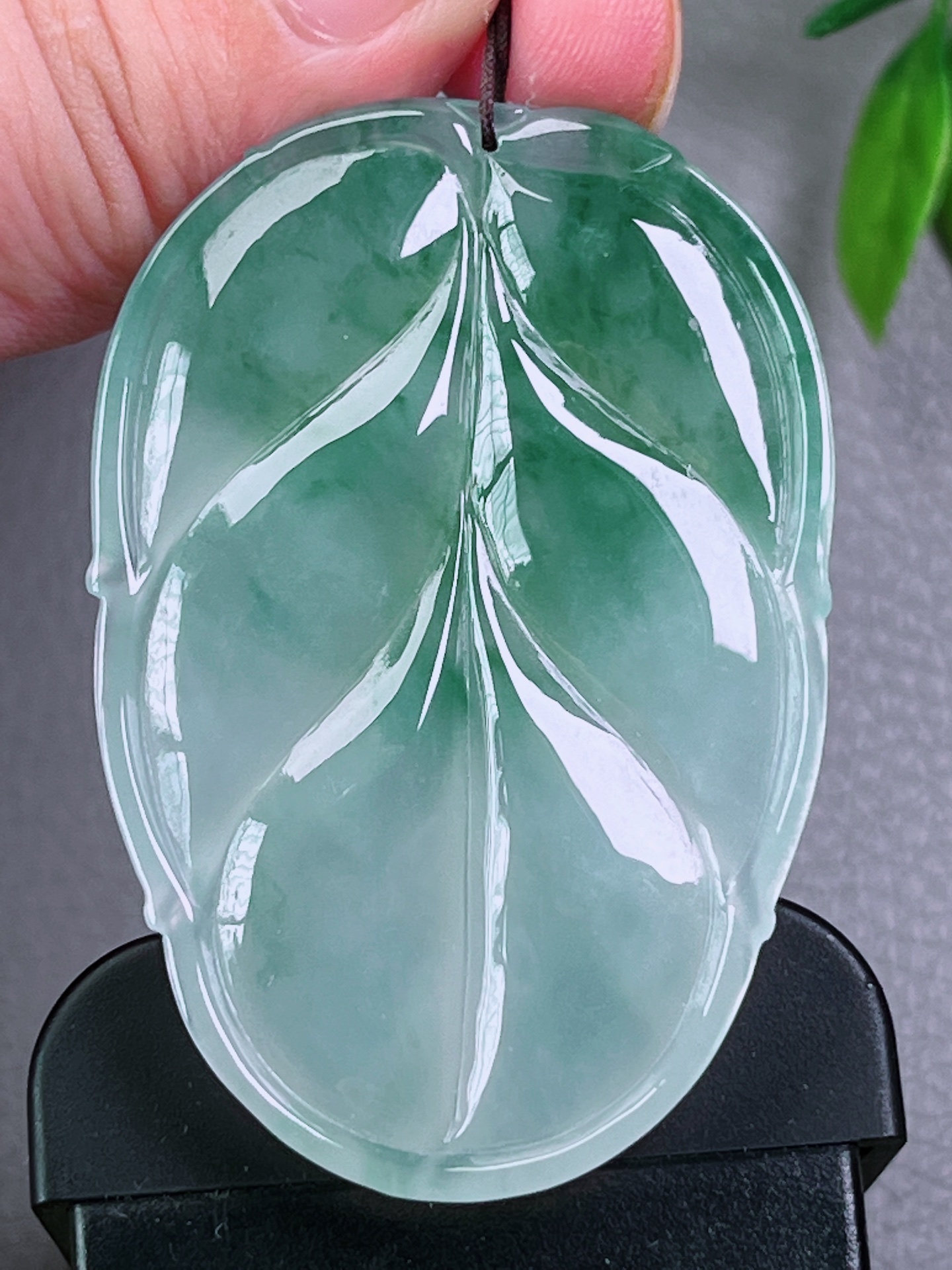 高冰种飘花大叶子，无裂，油洁精致，冰透水润，起荧光，尺寸：52.9-35.6-6.2