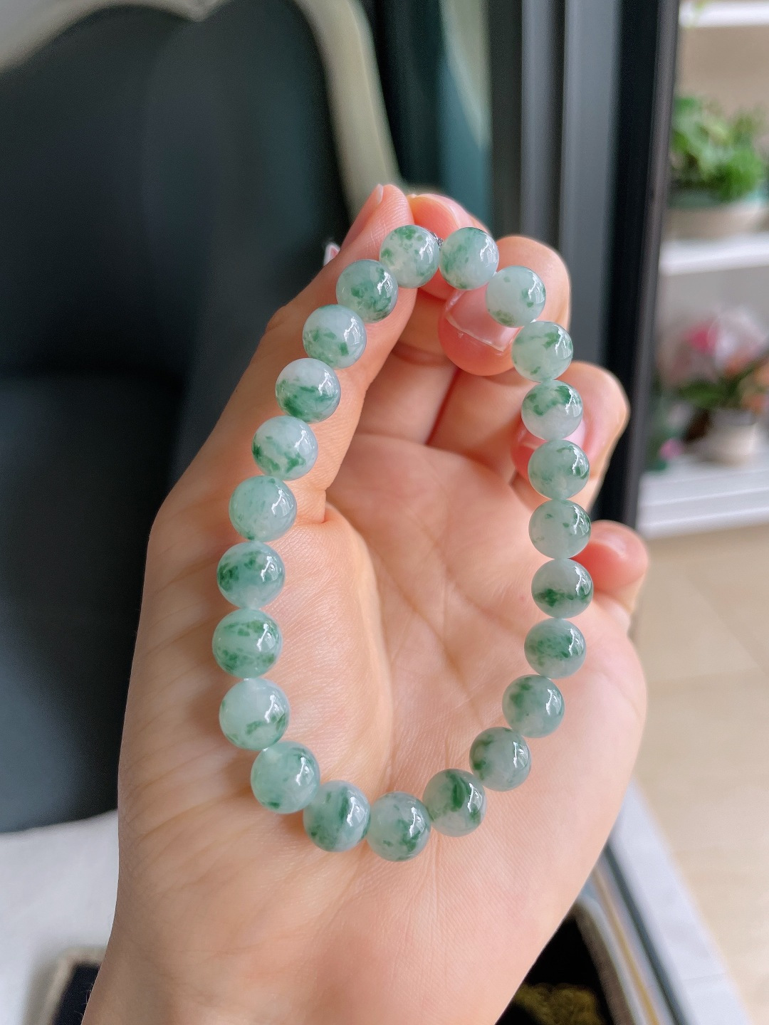 ️，天然翡翠A货，冰飘花手串，尺寸：8mm。【编4352】