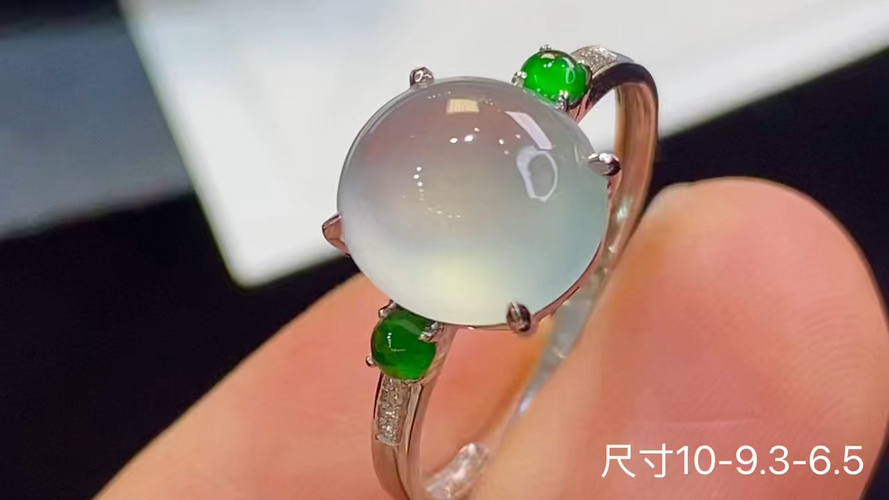 18k金+钻玻璃种蛋面戒指，无裂，10-9.3-6.5