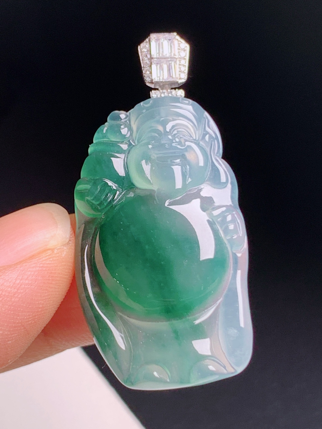 冰飘花财神爷吊坠，种水通透翠色鲜活，招财聚财财源滚滚 裸石34.3-19.9-6 整体43 5306