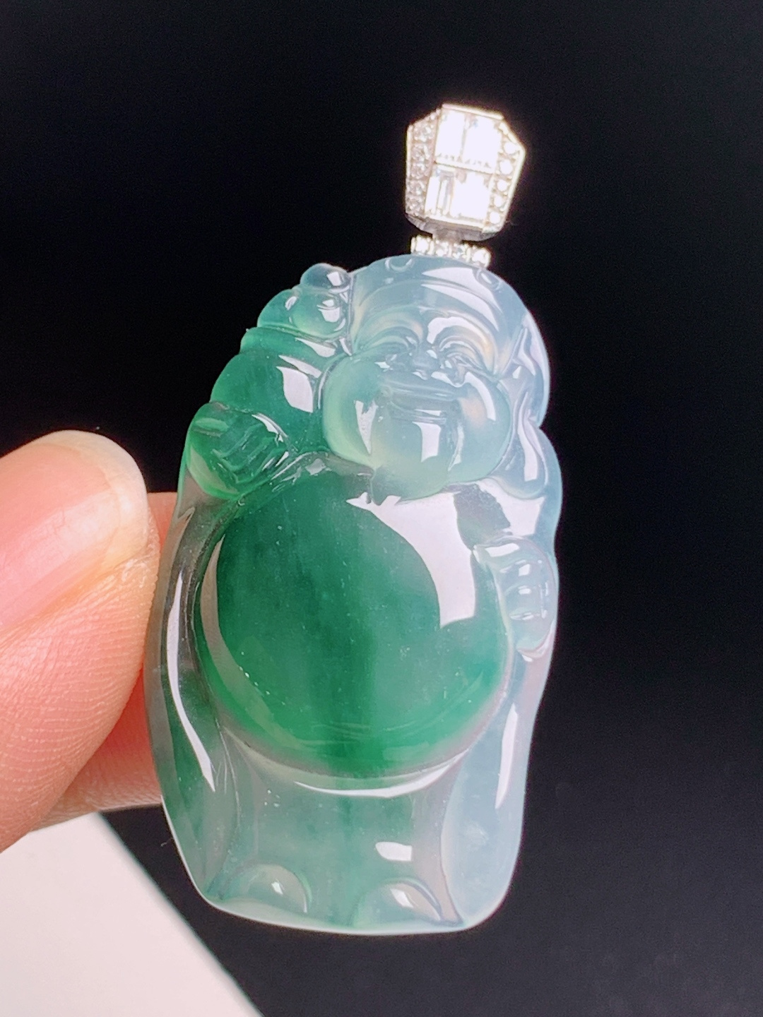 冰飘花财神爷吊坠，种水通透翠色鲜活，招财聚财财源滚滚 裸石34.3-19.9-6 整体43 530629