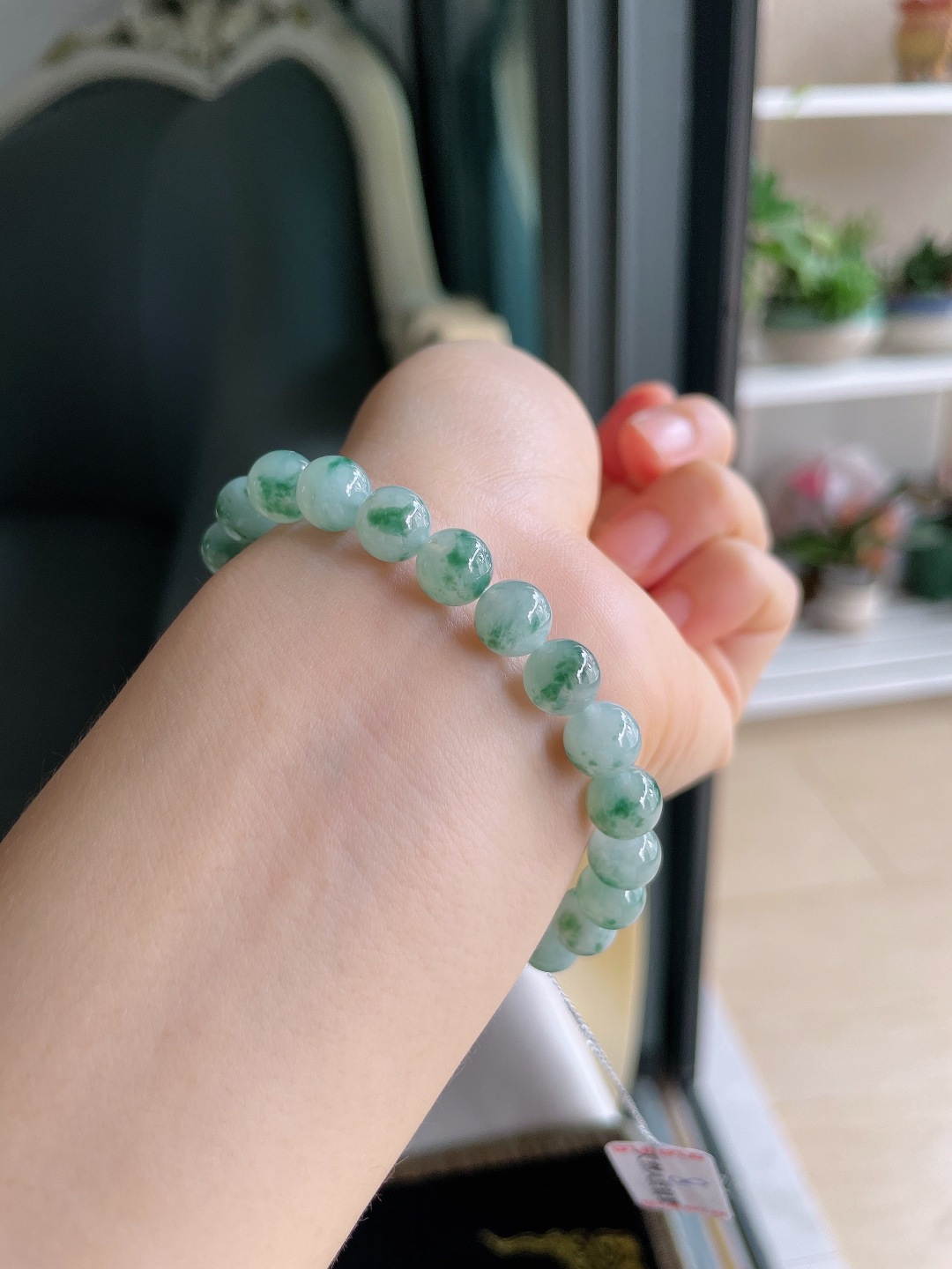 ️，天然翡翠A货，冰飘花手串，尺寸：8mm。【编4352】