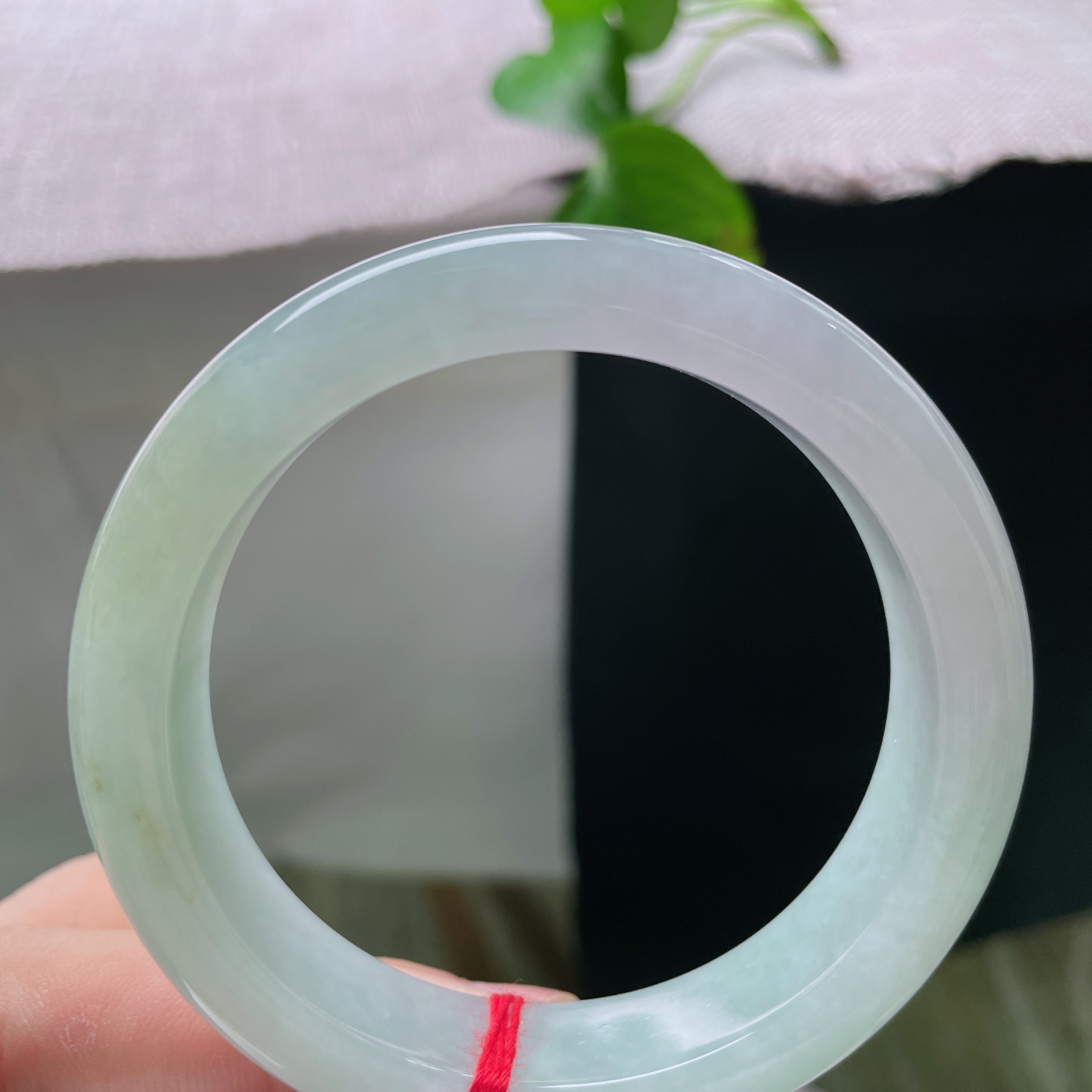 54.7/12.3/9，淡绿底正圈，玉质细腻温润，仅侧边带一丝浅黄翡点缀，素净柔和的质感低调耐看，显
