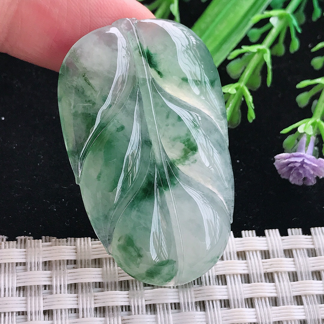 实拍44.5/28/6老坑冰胶冰飘花叶子挂件翡翠玉吊坠百搭