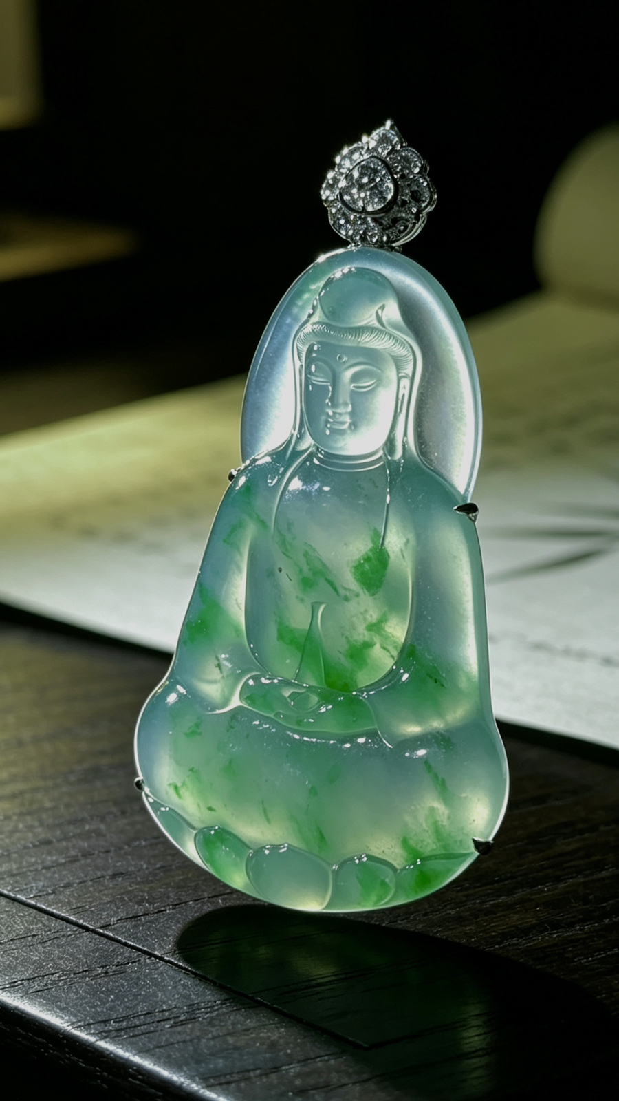 【观自在】，绿花观音菩萨，
裸石56-34-4mm，
整体66.6-34-10.5mm，26.75g