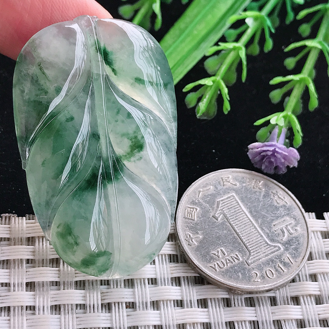 实拍44.5/28/6老坑冰胶冰飘花叶子挂件翡翠玉吊坠百搭