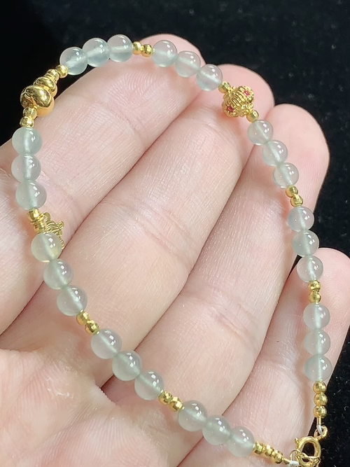 18k金镶冰种玉珠手链，尺寸4.1mm，Q03Xlt