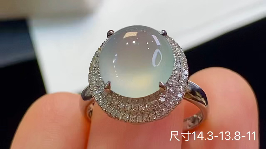 18k金+钻冰种蛋面戒指，无裂，14.3-13.8-11